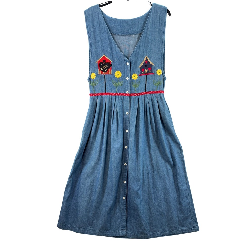 VTG Denim Jumper Dress Blue Embroidered Birdhouse Button Front Mid